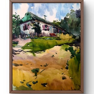 Dipinto ad acquerello paesaggio originale, dipinto su carta, paesaggio del villaggio, arte fatta a mano, natura, senza cornice, paesaggio di alberi, arte murale