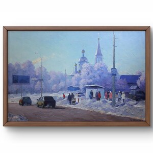 Pintura a óleo paisagem original, pintura em papelão, paisagem de inverno, arte artesanal, natureza, sem moldura, paisagem da cidade, arte de parede