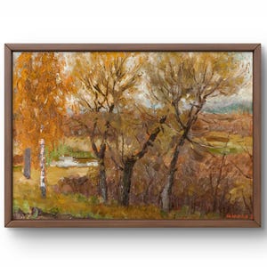 Pintura a óleo paisagem original, pintura a óleo sobre papelão, cena calma de outono com árvores douradas e lago, arte feita à mão, emoldurada, arte de parede