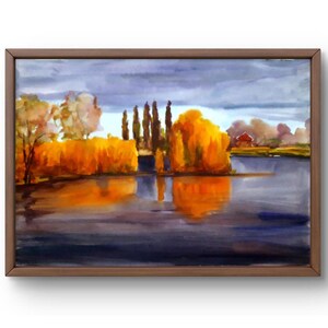 Acquerello dipinto paesaggio originale, dipinto su carta, paesaggio fluviale, arte fatta a mano, natura, senza cornice, paesaggio forestale, arte murale