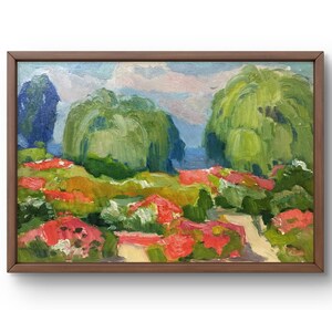 Pintura al óleo paisaje original, pintura al óleo sobre cartón, jardín verde con flores brillantes y árboles espesos, arte hecho a mano, sin marco