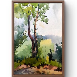 Dipinto ad acquerello paesaggio originale, dipinto su carta, paesaggio forestale, arte fatta a mano, natura, senza cornice, paesaggio di alberi, arte murale