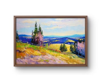 May include: A painting of a landscape with a blue sky, green trees, and a yellow field. The trees are in the foreground, and the field is in the middle ground. The mountains are in the background.