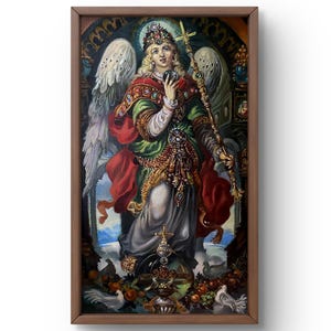 Retrato de pintura a óleo original, pintura a óleo sobre papelão, uma figura ornamentada, talvez um anjo ou santo, arte feita à mão, sem moldura, arte de parede