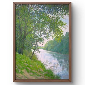 Oil painting landscape original, oil painting on canvas, river bank with green trees reflected in the water, handmade art, unframed