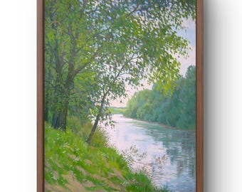 Dipinto a olio originale di paesaggio, dipinto a olio su tela, riva del fiume con alberi verdi riflessi nell'acqua, opera d'arte fatta a mano, senza cornice