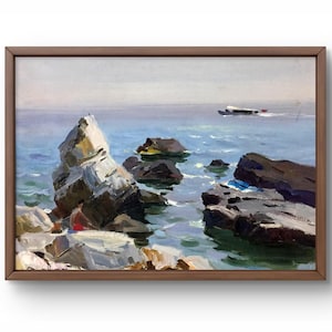 Paisaje pintado al óleo original, pintura al óleo sobre cartón, paisaje costero sereno con acantilados escarpados, arte hecho a mano, enmarcado, arte de pared