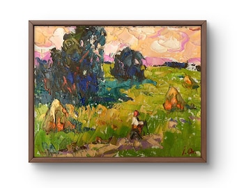 Origineel landschapsolieverfschilderij, olieverfschilderij op canvas, landelijk landschap met man in veld en hooibergen, handgemaakte kunst, ingelijst, kunst aan de muur