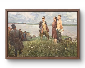 Oil painting social realism original, oil painting on canvas, people standing in front of armed group on river bank, handmade art, unframed