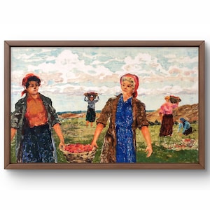 Retrato en acuarela original, pintura de acuarela sobre cartón, mujeres trabajando en el campo, arte hecho a mano, sin marco, arte de pared