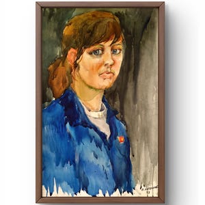 Ritratto dipinto ad acquerello originale, dipinto ad acquerello su carta, ragazza in uniforme blu, uniforme blu, arte fatta a mano, senza cornice