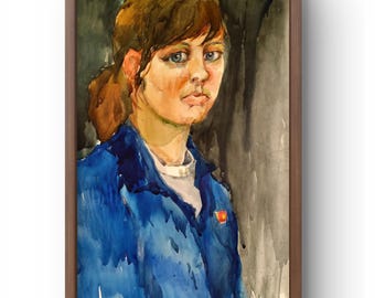 Watercolor painting portrait original, watercolor painting on paper, young girl in blue uniform, blue uniform, handmade art, unframed