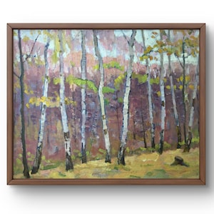 Oil painting landscape original, oil painting, serene forest scene with tall slender birch trees, handmade art, unframed, wall art
