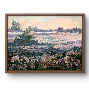 Pintura al óleo paisaje original, pintura al óleo sobre lienzo, campo tranquilo con flores y árboles en la distancia, arte hecho a mano, sin marco, arte de pared