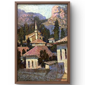 Pintura a óleo paisagem original, pintura a óleo sobre papelão, uma vibrante cena de aldeia situada entre as montanhas, arte feita à mão, sem moldura