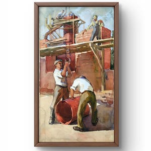 Pintura de acuarela realismo social original, pintura de acuarela sobre cartón, trabajadores en una obra de construcción, arte hecho a mano, sin marco