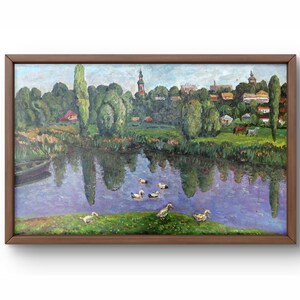 Pintura al óleo original de paisaje, pintura al óleo sobre cartón, río de pueblo con patos nadando, árboles verdes, arte hecho a mano, enmarcado, arte de pared