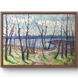 Pintura a óleo paisagem original, pintura em papelão, paisagem florestal, arte artesanal, natureza, sem moldura, paisagem fluvial, arte de parede