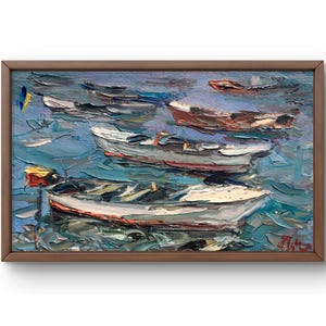 Pintura a óleo paisagem original, pintura em papelão, paisagem de rio, arte artesanal, natureza, sem moldura, paisagem de barcos, arte de parede
