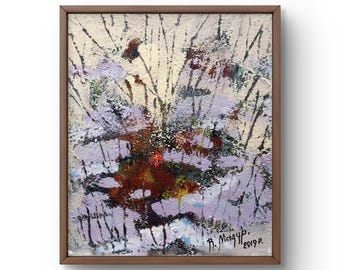 May include: Abstract floral painting in a brown wooden frame. The artwork features a textured surface with a mix of colors, including cream, purple, brown, and red. The artist's signature and the year 2019 are visible in the bottom right corner.