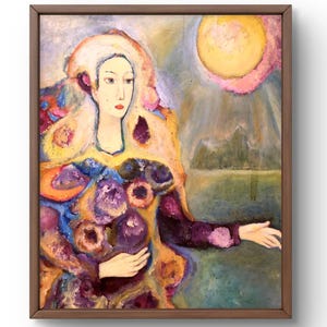 Pintura al óleo abstracta original, pintura al óleo sobre cartón, figura femenina de manera abstracta, sol brillante, arte hecho a mano, sin marco, arte de pared
