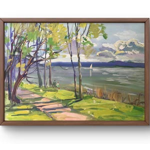 Pintura a óleo paisagem original, pintura em papelão, paisagem de rio, arte artesanal, natureza, sem moldura, paisagem de árvores, arte de parede