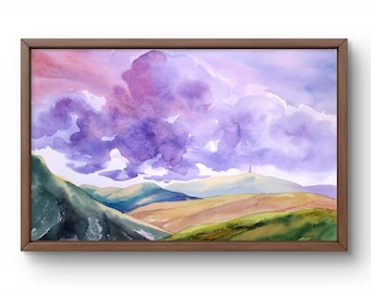 Watercolor painting landscape original, painting on paper, mountains landscape, handmade art, nature, unframed, clouds landscape, wall art