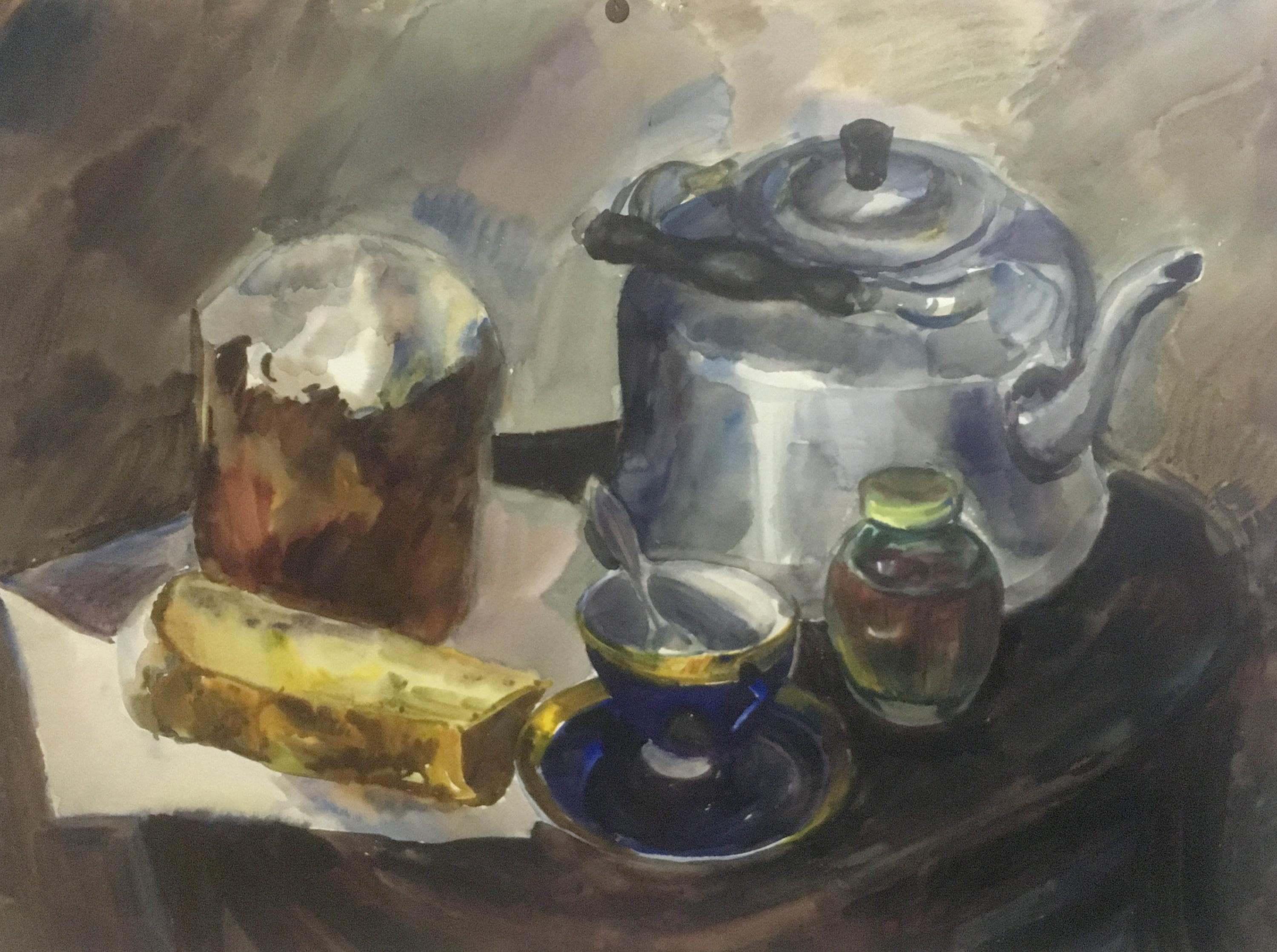 水彩画の静物画、段ボールの絵画、ケトルの静物画、手作りアート
