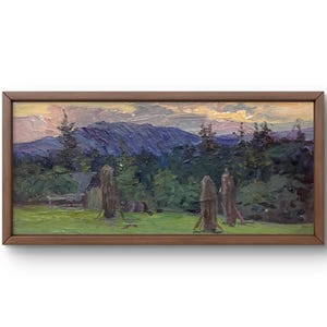 Ölbild Landschaft original, Ölbild auf Karton, Berglandschaft mit Heuschober in der Abenddämmerung, handgefertigte Kunst, ungerahmt, Kunst für die Wand
