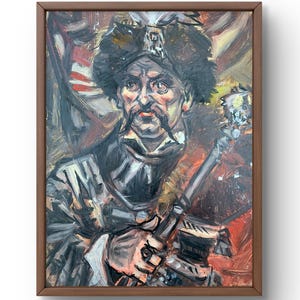 Retrato pintado al óleo original, óleo sobre cartón, hetman, con rostro expresivo y traje característico, arte hecho a mano