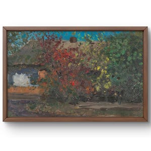 Pintura al óleo paisaje original, pintura al óleo sobre cartón, acogedor paisaje rural con exuberante follaje y flores, arte hecho a mano, enmarcado