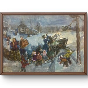 Pintura a óleo paisagem original, pintura em papelão, paisagem de inverno, arte artesanal, natureza, sem moldura, paisagem de vila, arte de parede