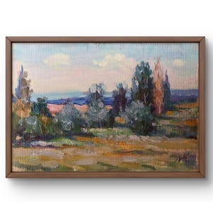 Pintura al óleo paisaje original, pintura al óleo sobre cartón, paisaje de bosque verde de verano, arte hecho a mano, sin marco, blanco nublado, arte de pared