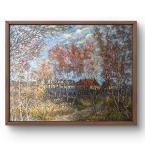 Oil painting landscape original oil painting on canvas autumn brown forest landscape handmade art nature unframed white cloudy wall art