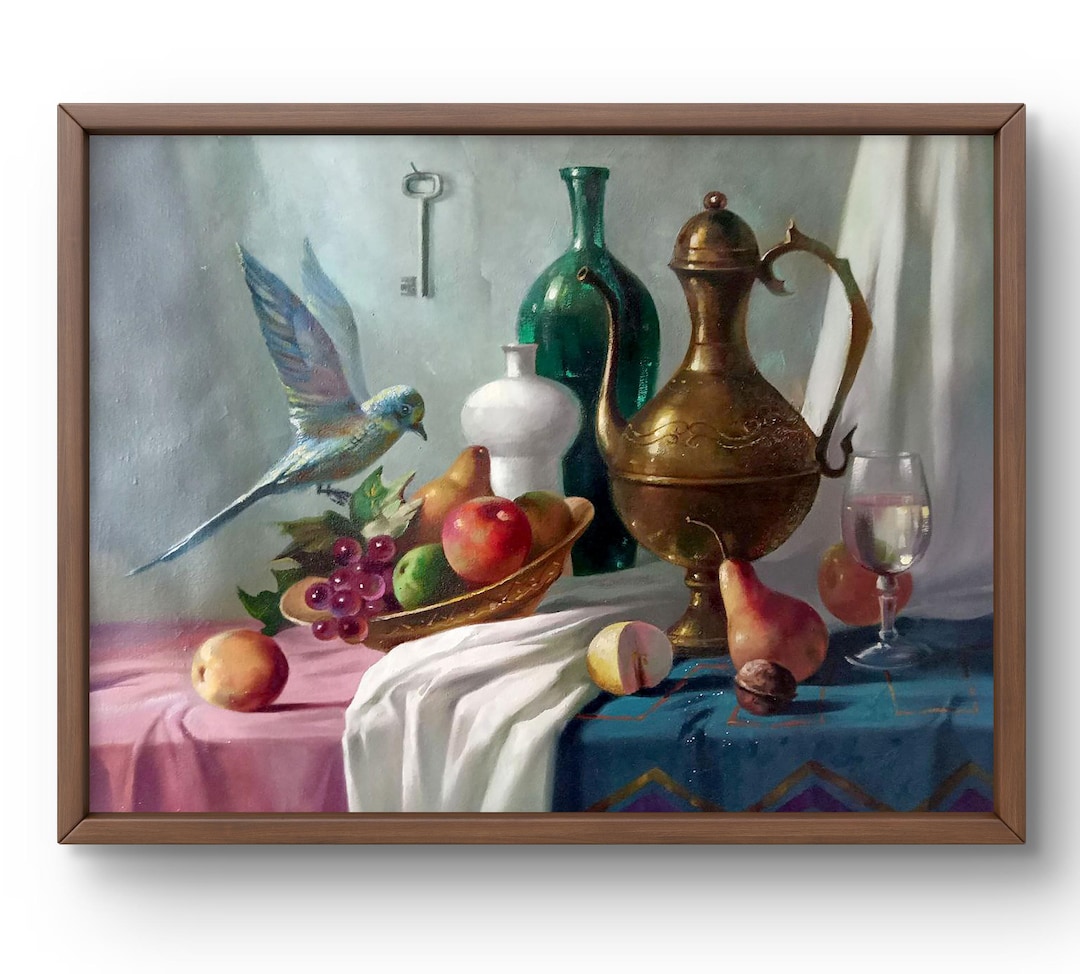 油絵抽象オリジナル、油絵、フルーツの配置、真鍮の水差し、テーブルの