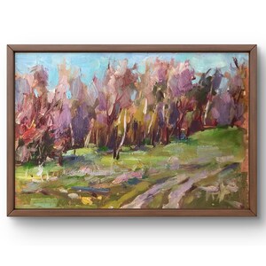 Pintura a óleo paisagem original, pintura a óleo sobre papelão, árvores brilhantes e prado verde com caminho, arte feita à mão, sem moldura, arte de parede