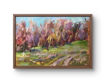 Oil painting landscape original, oil painting on cardboard, bright trees and green meadow with path, handmade art, unframed, wall art