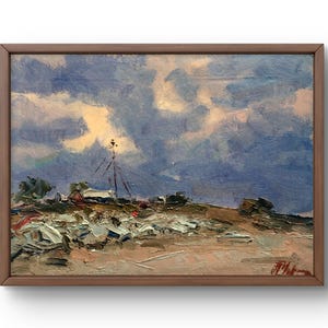 Pintura a óleo paisagem original, pintura em papelão, paisagem de aldeia, arte artesanal, natureza, sem moldura, paisagem de campo, arte de parede