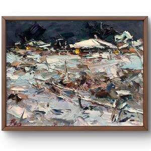Pintura al óleo paisaje original, pintura sobre cartón, paisaje de pueblo, arte hecho a mano, naturaleza, sin marco, paisaje invernal, arte de pared