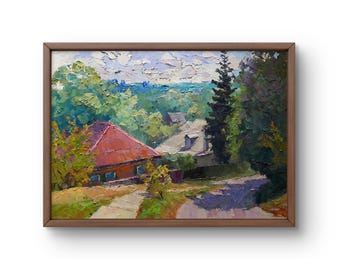 Pintura al óleo de paisaje original, pintura al óleo sobre lienzo, escena campestre con un rico bosque detrás, arte hecho a mano, sin marco, arte de pared