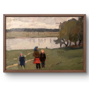 Pintura al óleo paisaje original, pintura sobre cartón, valle de río tranquilo con figuras de personas disfrutando de la naturaleza, arte hecho a mano, sin marco