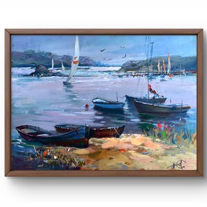 Pintura a óleo paisagem original, pintura em papelão, paisagem de rio, arte artesanal, natureza, sem moldura, cenário de verão, arte de parede