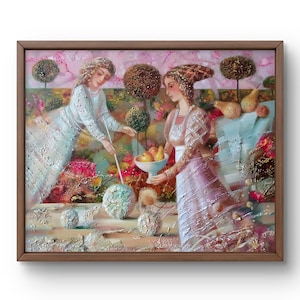 Oil painting abstract original, oil painting, two graceful women in an ethereal garden with bright colors, handmade art, unframed, wall art