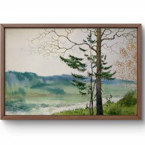 Origineel landschapswaterverfschilderij, aquarel op papier, landschap aan de rivier met bomen en mistige heuvels, handgemaakte kunst
