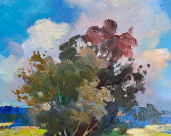 油絵風景画オリジナル、段ボールの油絵、水辺に木が立つ風景画、手作り