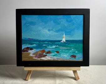 Pintura al óleo de paisaje original, pintura sobre cartón, paisaje marino, arte hecho a mano, naturaleza, sin marco, paisaje de piedras costeras, yate, arte de pared