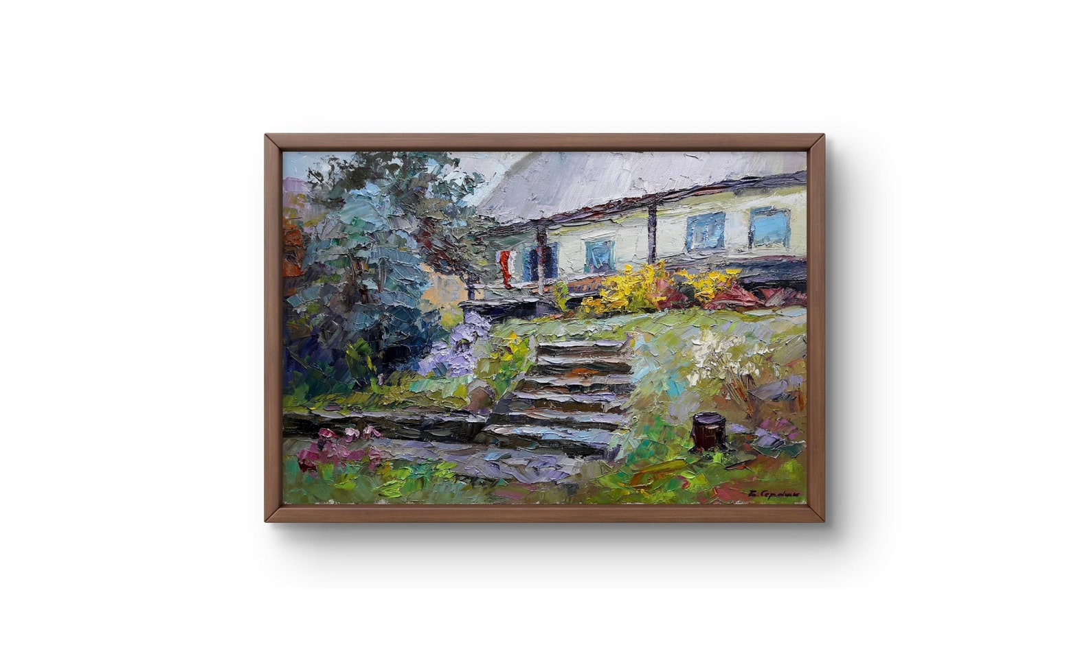 Oil Painting Landscape Original, Oil Painting, House With Steps Leading