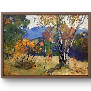 Pintura a óleo paisagem original, pintura a óleo sobre papelão, natureza de outono com árvores em folhagem brilhante, arte feita à mão, sem moldura, arte de parede