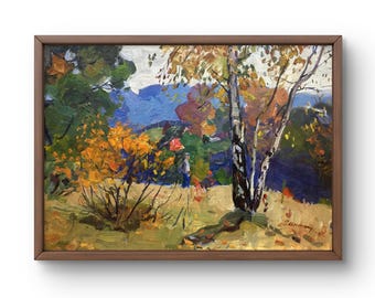 Dipinto a olio originale di paesaggio, dipinto a olio su cartone, natura autunnale con alberi dal fogliame luminoso, arte fatta a mano, senza cornice, arte murale