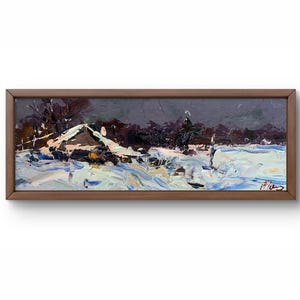 Pintura al óleo paisaje original, pintura sobre cartón, paisaje invernal, arte hecho a mano, naturaleza, sin marco, paisaje nocturno de pueblo, arte de pared